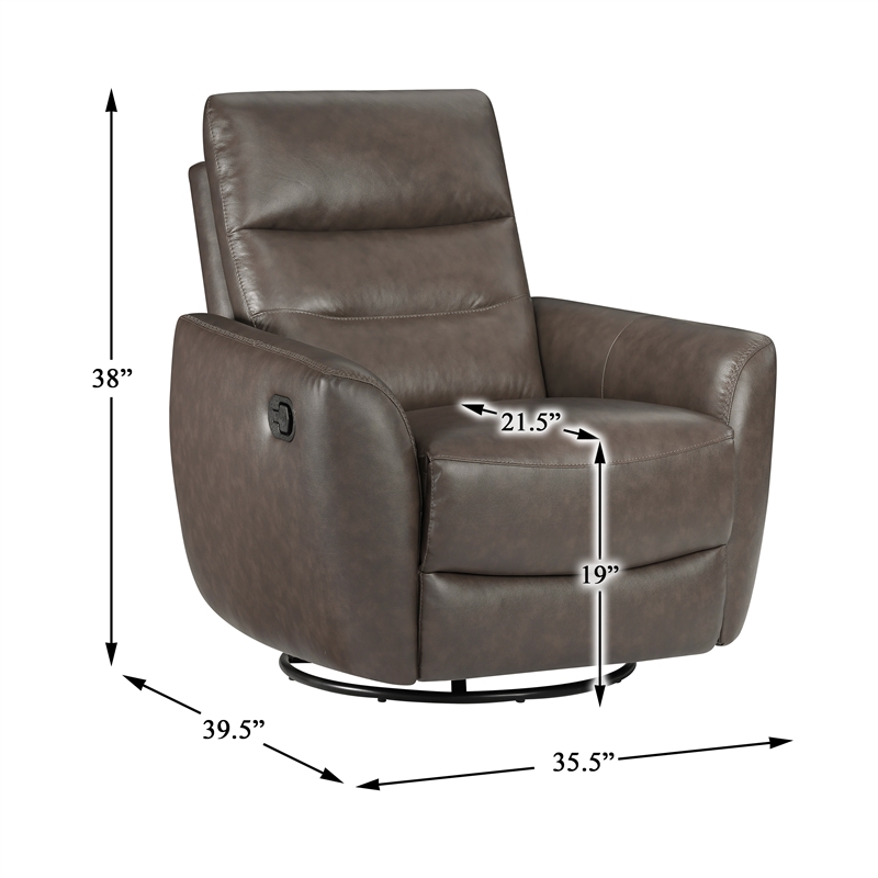 Pemberly Row Top Grain Leather Swivel Glider Recliner in Dark Brown