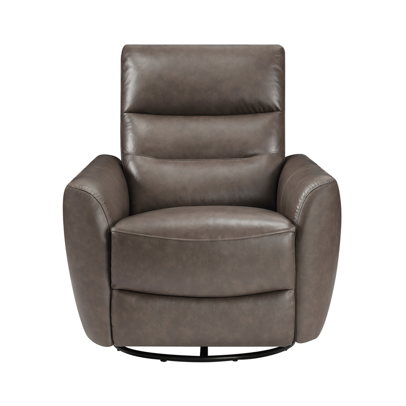 Pemberly Row Top Grain Leather Swivel Glider Recliner in Dark Brown