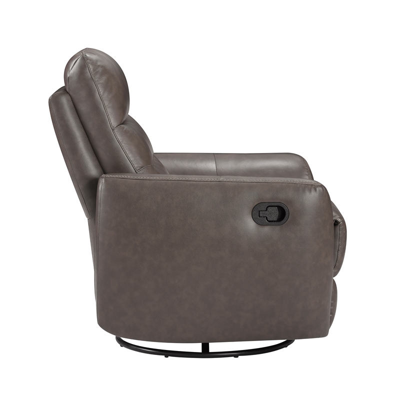 Pemberly Row Top Grain Leather Swivel Glider Recliner in Dark Brown