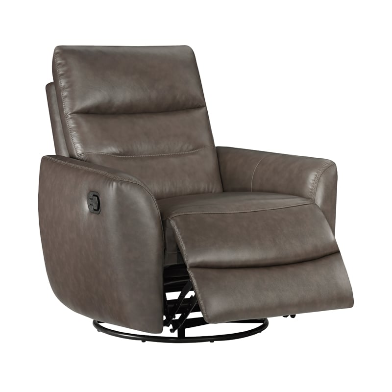 Pemberly Row Top Grain Leather Swivel Glider Recliner in Dark Brown