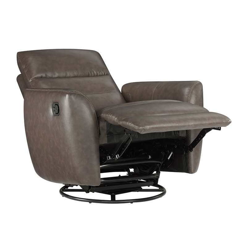 Pemberly Row Top Grain Leather Swivel Glider Recliner in Dark Brown