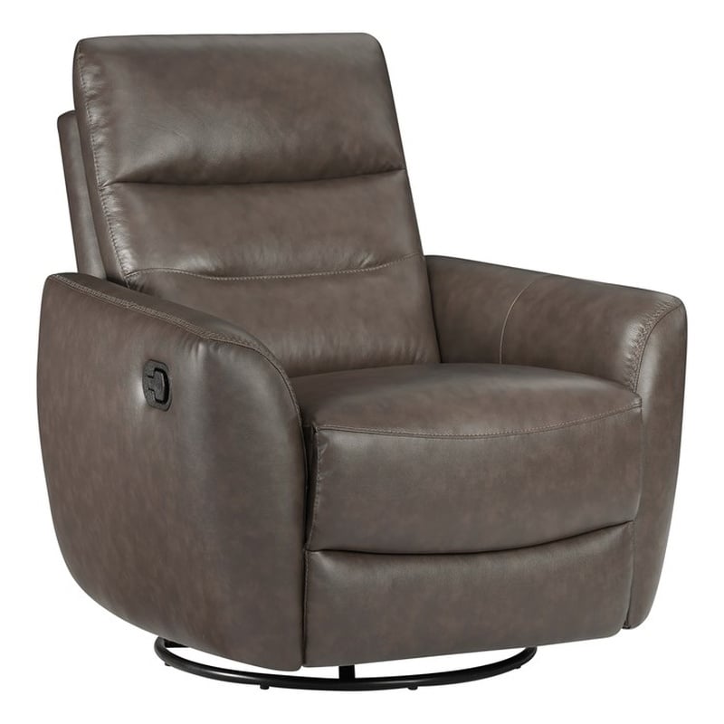 Pemberly Row Top Grain Leather Swivel Glider Recliner in Dark Brown