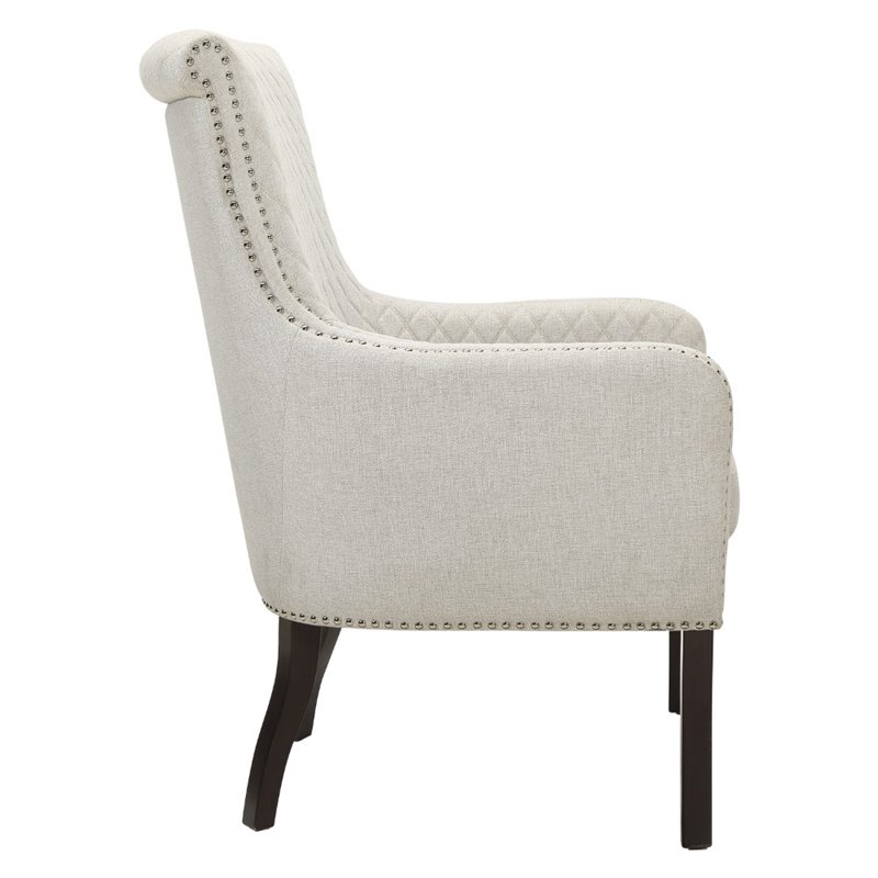 Pemberly Row Diamond-Stitched Nailhead Accent Chair with Espresso Legs in Beige