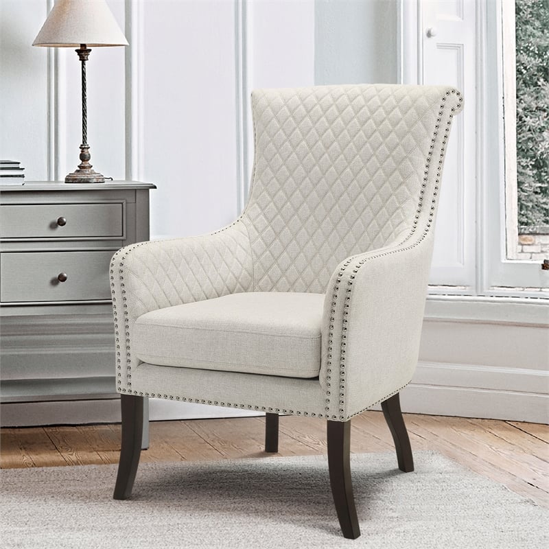 Pemberly Row Diamond-Stitched Nailhead Accent Chair with Espresso Legs in Beige