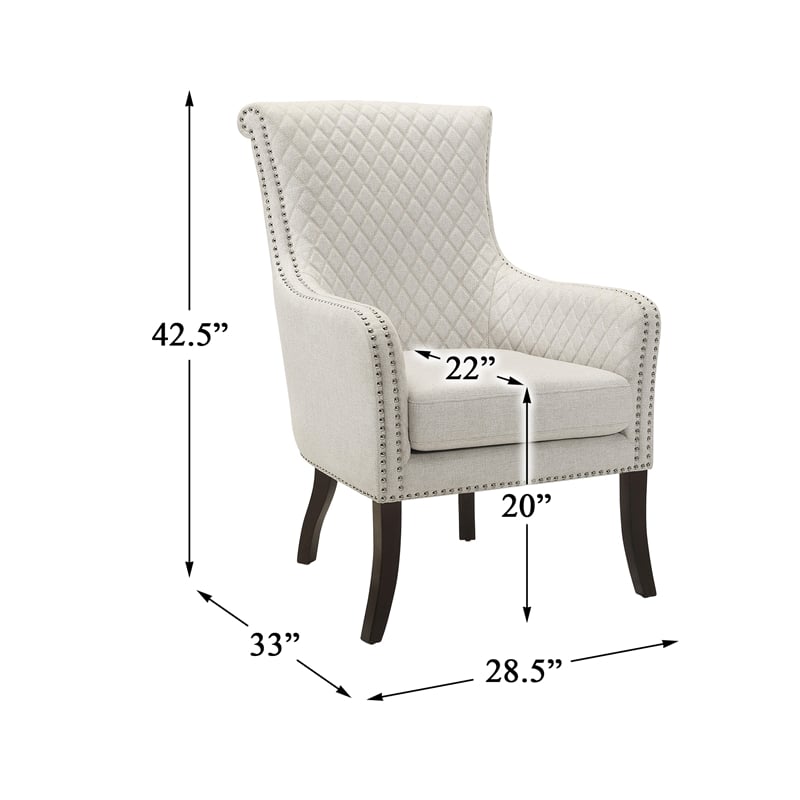 Pemberly Row Diamond-Stitched Nailhead Accent Chair with Espresso Legs in Beige