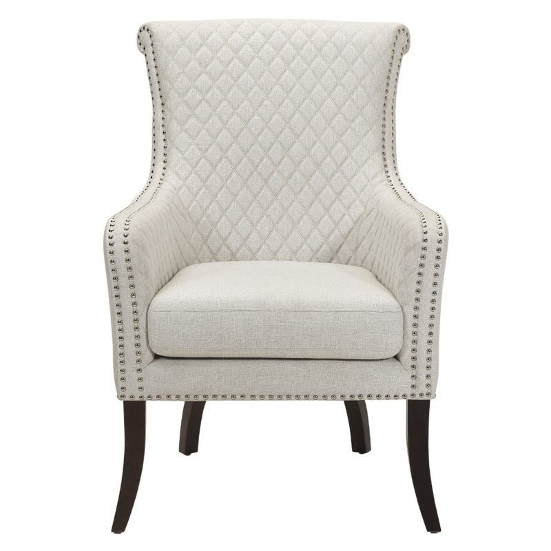 Pemberly Row Diamond-Stitched Nailhead Accent Chair with Espresso Legs in Beige