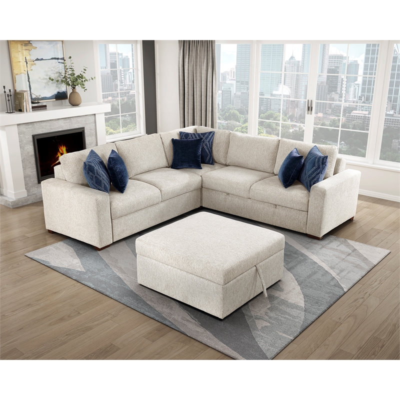 Pemberly Row Microfiber 4-Piece Sectional with Pull-out Bed and Ottoman in Beige