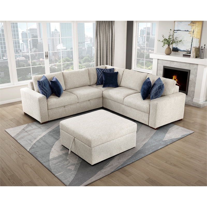 Pemberly Row Microfiber 4-Piece Sectional with Pull-out Bed and Ottoman in Beige