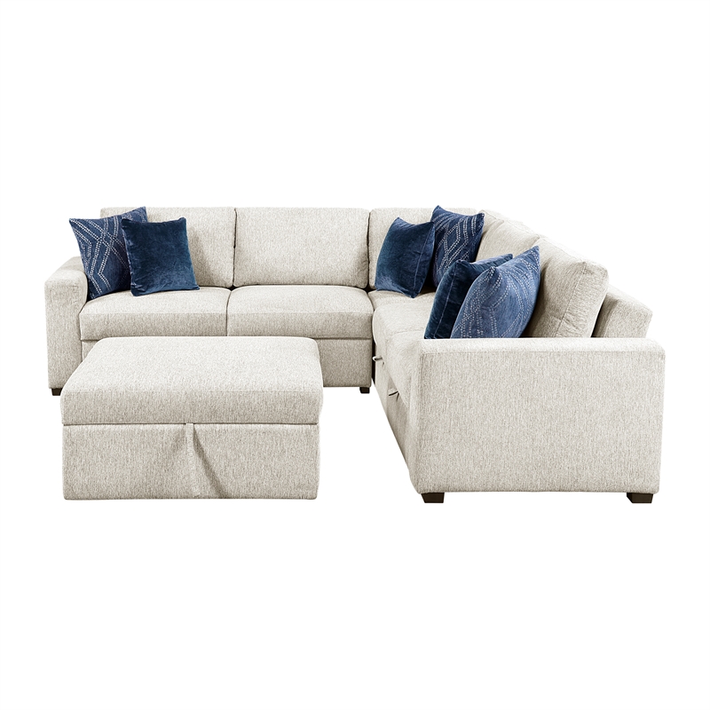Pemberly Row Microfiber 4-Piece Sectional with Pull-out Bed and Ottoman in Beige