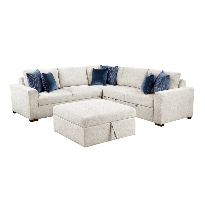 Pemberly Row Microfiber 4-Piece Sectional with Pull-out Bed and Ottoman in Beige