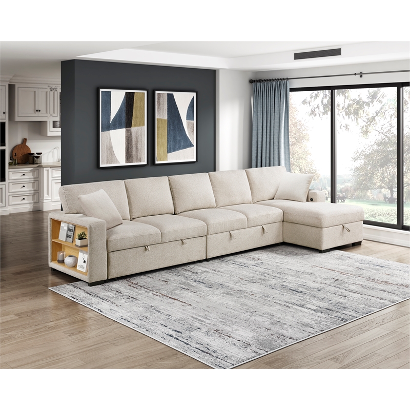 Pemberly Row Boucle Sectional with Right Chaise and Pull-out Bed in Beige