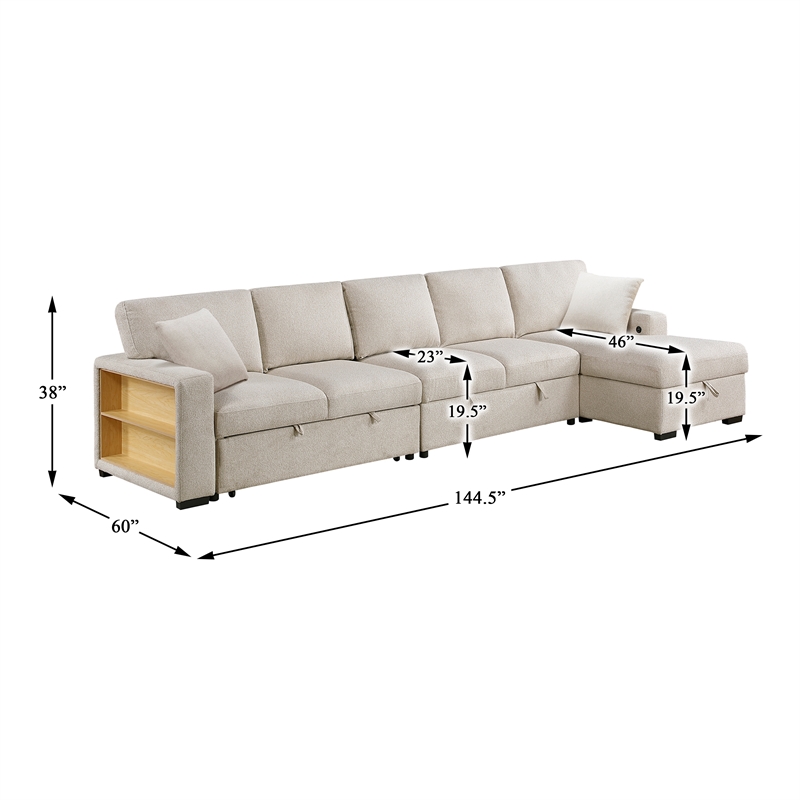 Pemberly Row Boucle Sectional with Right Chaise and Pull-out Bed in Beige