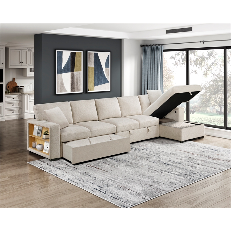 Pemberly Row Boucle Sectional with Right Chaise and Pull-out Bed in Beige