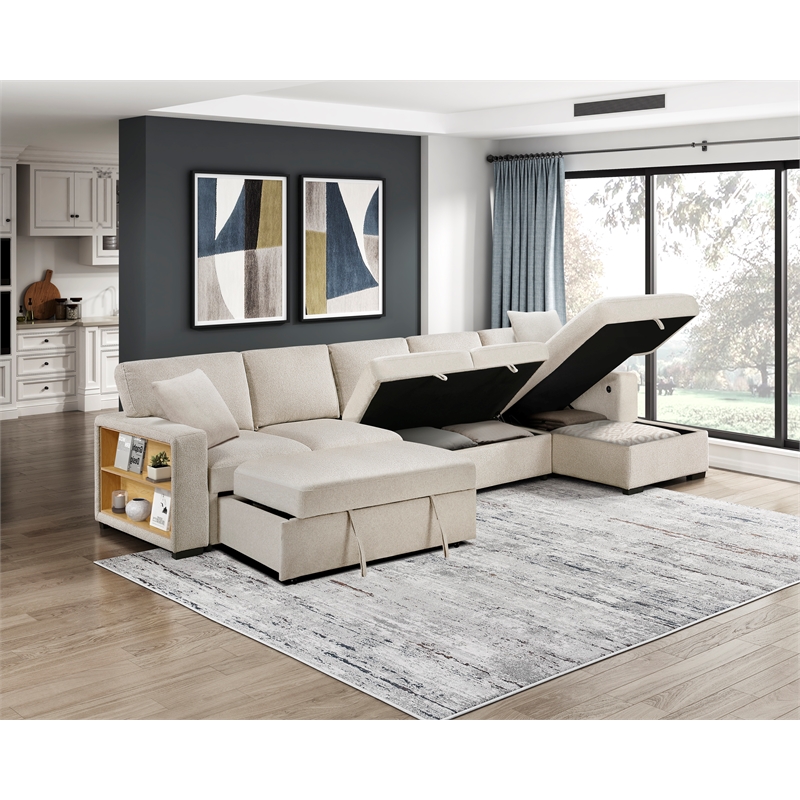 Pemberly Row Boucle Sectional with Right Chaise and Pull-out Bed in Beige