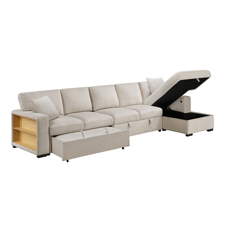 Pemberly Row Boucle Sectional with Right Chaise and Pull-out Bed in Beige