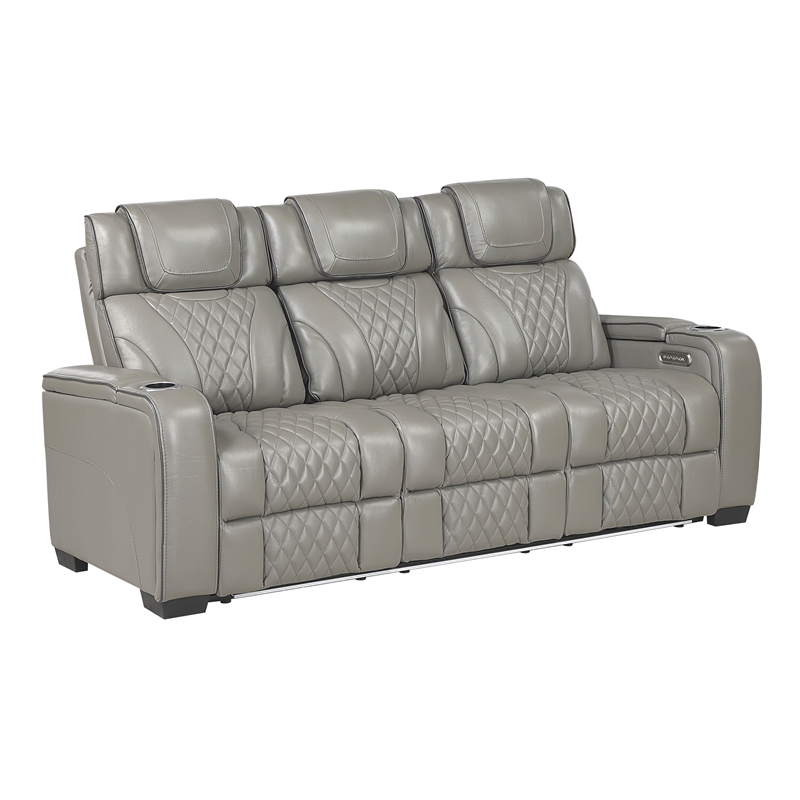 Pemberly Row Top Grain Leather Power Reclining Sofa and Loveseat in Gray
