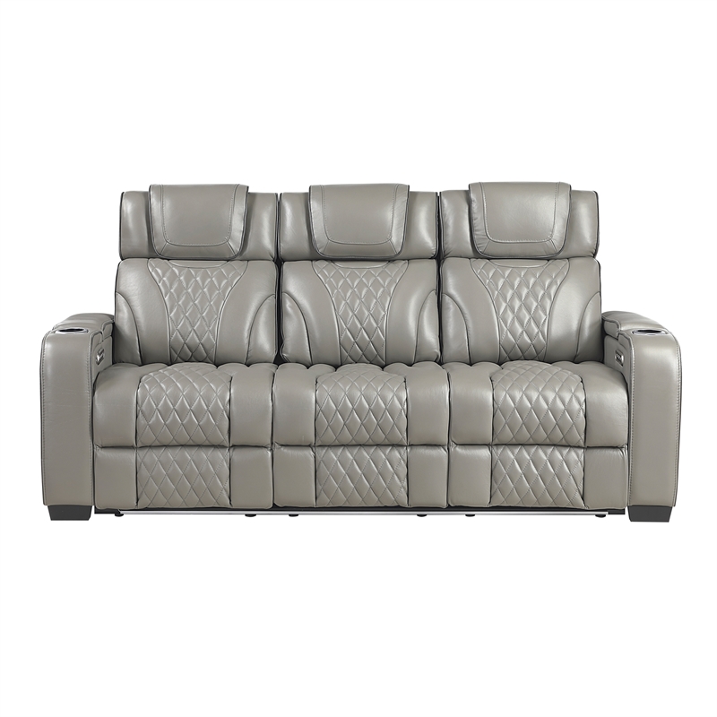 Pemberly Row Top Grain Leather Power Reclining Sofa and Loveseat in Gray