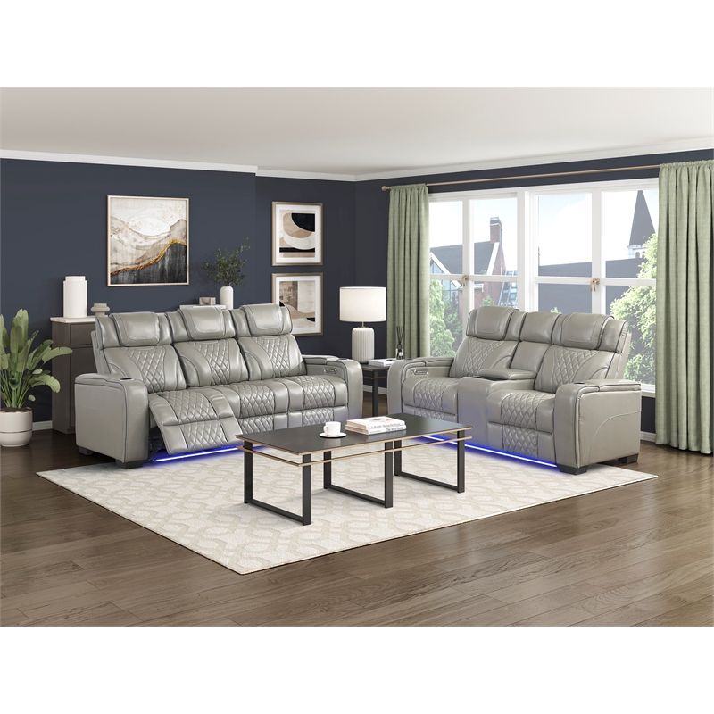 Pemberly Row Top Grain Leather Power Reclining Sofa and Loveseat in Gray