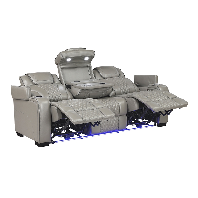 Pemberly Row Top Grain Leather Power Reclining Sofa and Loveseat in Gray