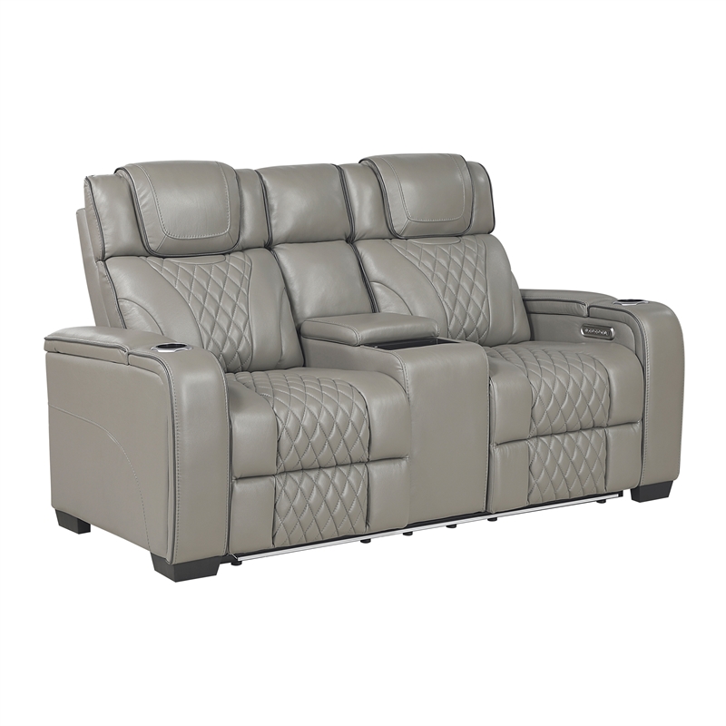 Pemberly Row Top Grain Leather Power Reclining Sofa and Loveseat in Gray