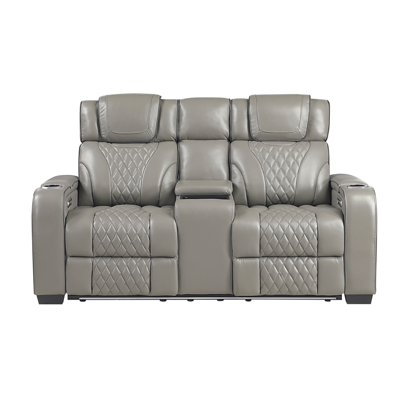Pemberly Row Top Grain Leather Power Reclining Sofa and Loveseat in Gray
