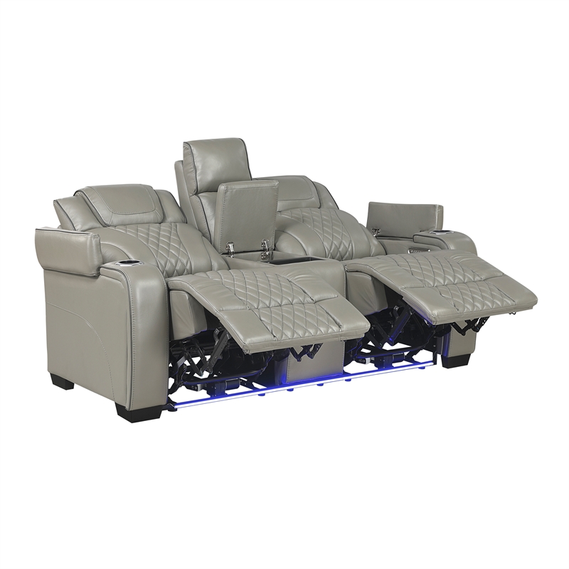 Pemberly Row Top Grain Leather Power Reclining Sofa and Loveseat in Gray