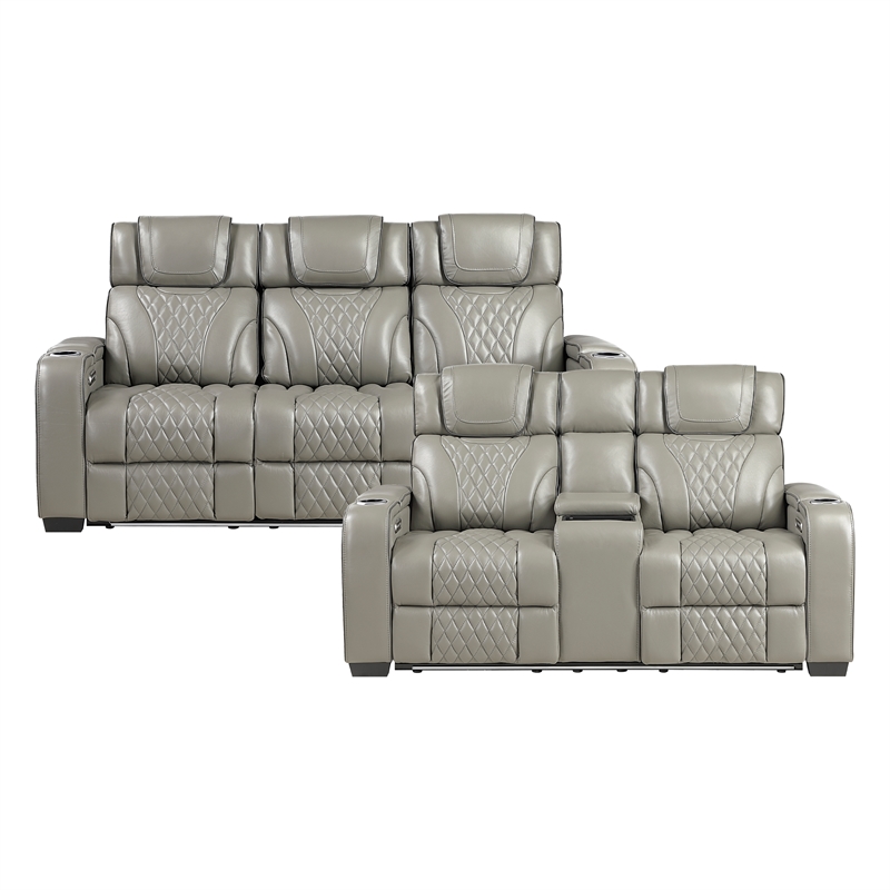 Pemberly Row Top Grain Leather Power Reclining Sofa and Loveseat in Gray