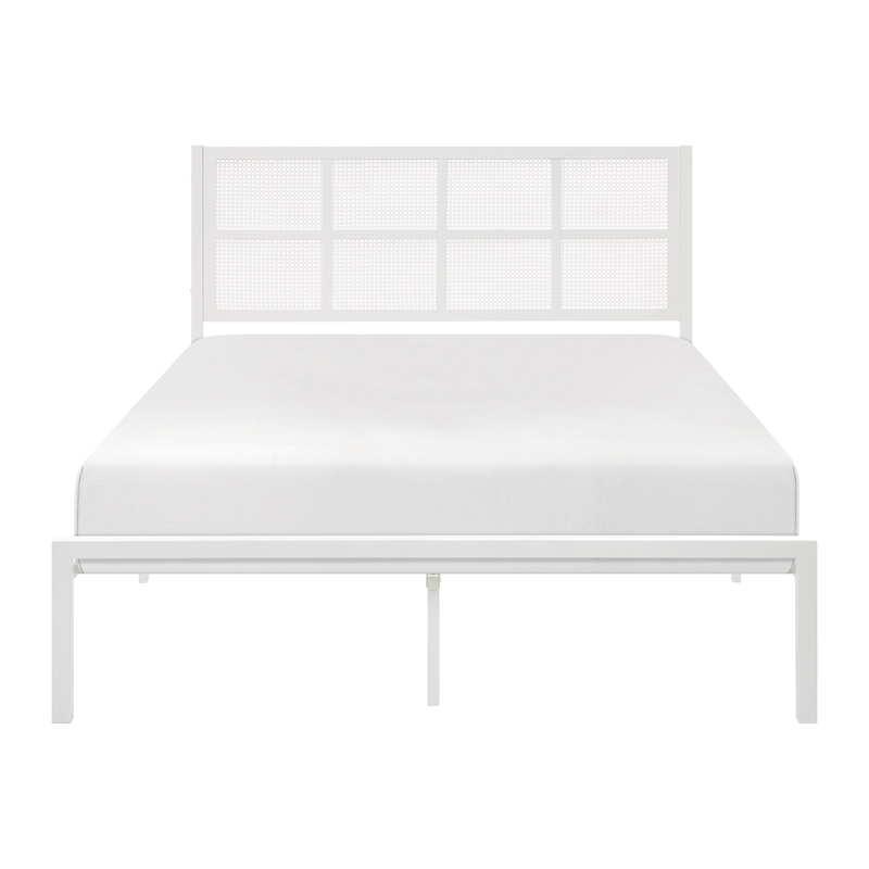 Pemberly Row Metal Queen Platform Bed with Faux Cane Headboard in White