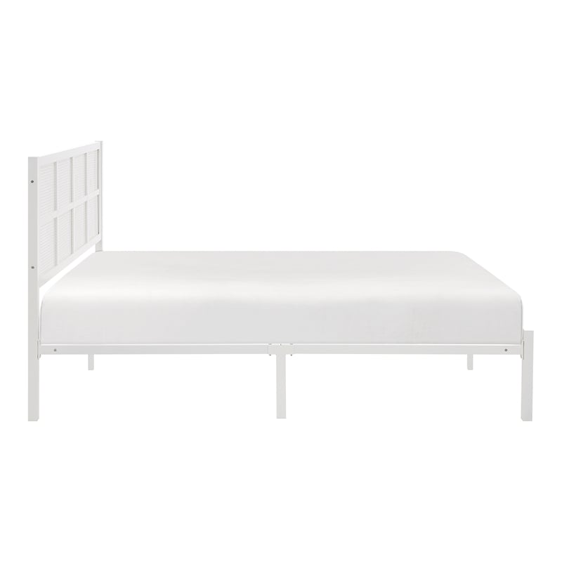 Pemberly Row Metal Queen Platform Bed with Faux Cane Headboard in White