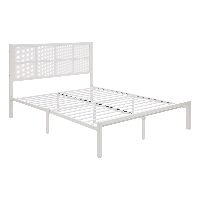 Pemberly Row Metal Queen Platform Bed with Faux Cane Headboard in White