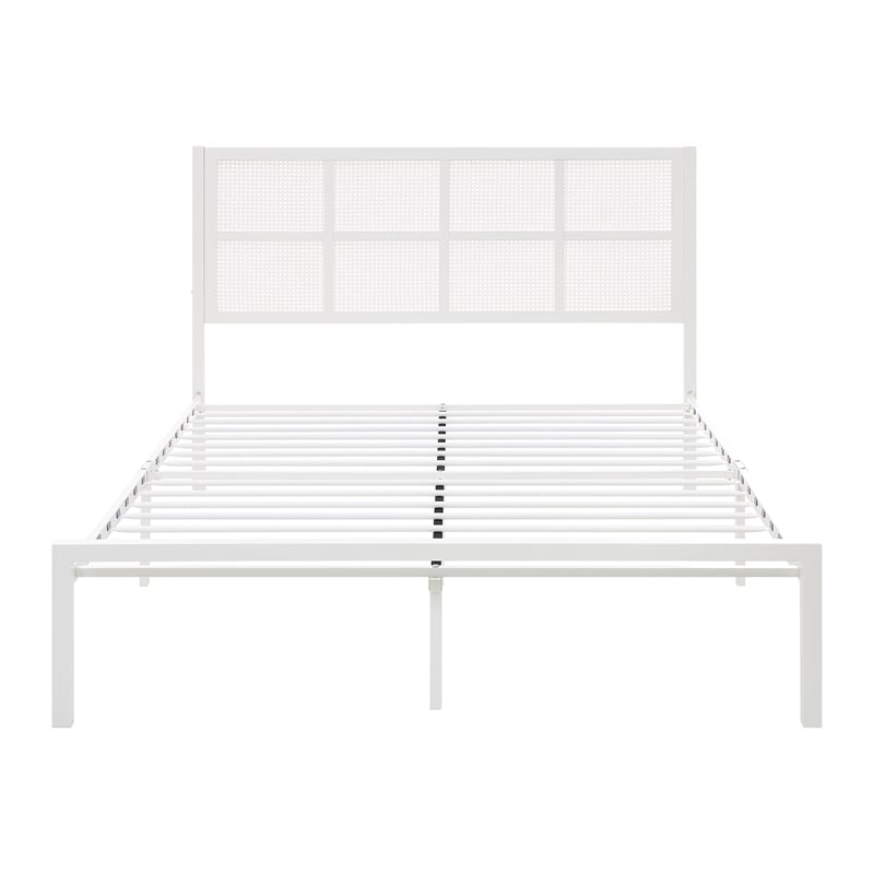 Pemberly Row Metal Queen Platform Bed with Faux Cane Headboard in White