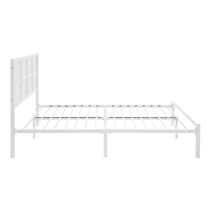 Pemberly Row Metal Queen Platform Bed with Faux Cane Headboard in White