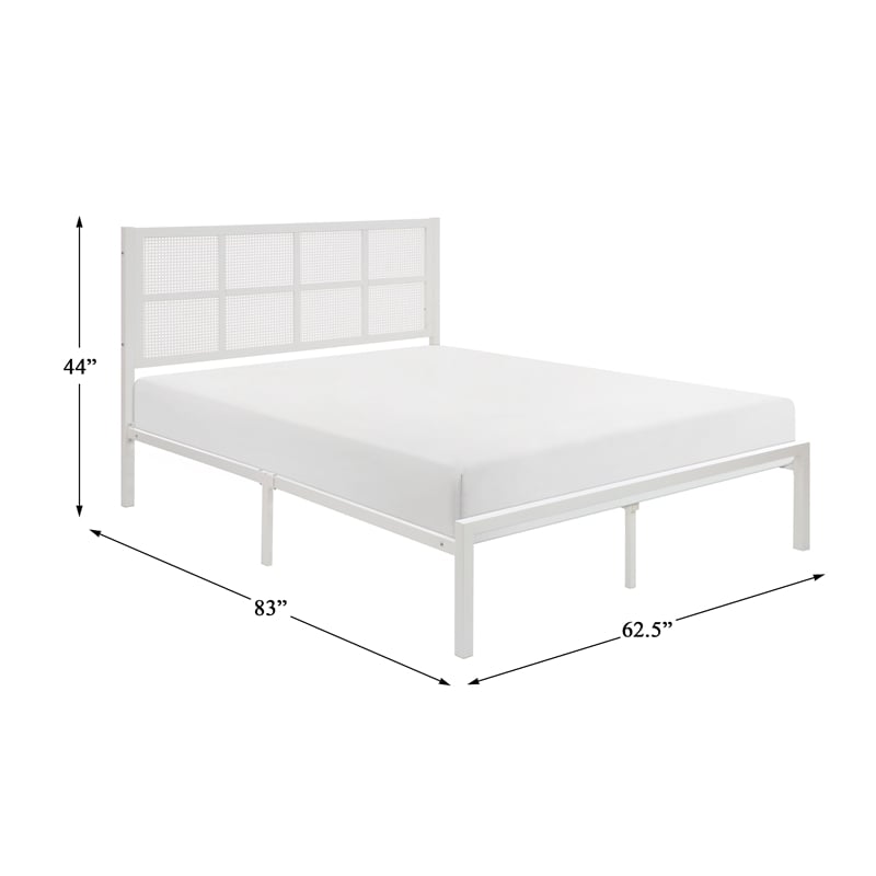Pemberly Row Metal Queen Platform Bed with Faux Cane Headboard in White