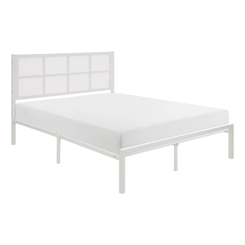 Pemberly Row Metal Queen Platform Bed with Faux Cane Headboard in White