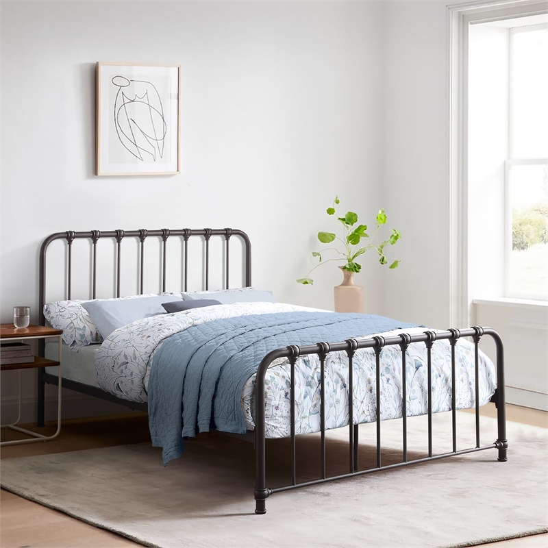 Pemberly Row Queen Metal Platform Bed with Accent Joints in Dark Bronze