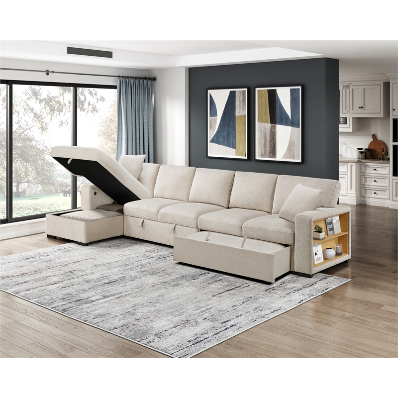 Pemberly Row Boucle Sectional with Left Chaise and Pull-out Bed in Beige