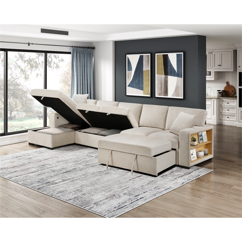 Pemberly Row Boucle Sectional with Left Chaise and Pull-out Bed in Beige