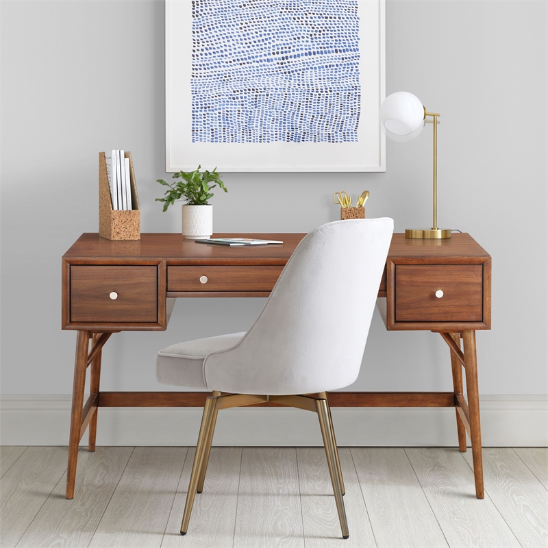Pemberly Row Wood Writing Desk with 3 Drawers and Nickel Hardware in Brown