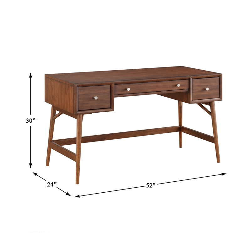 Pemberly Row Wood Writing Desk with 3 Drawers and Nickel Hardware in Brown