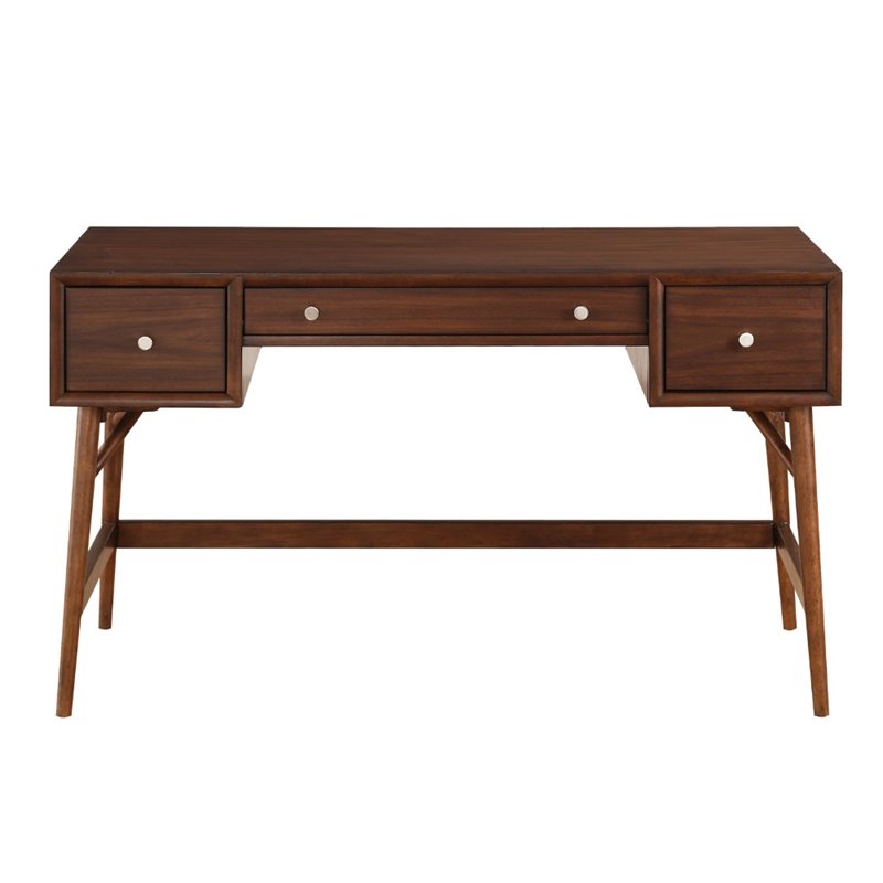 Pemberly Row Wood Writing Desk with 3 Drawers and Nickel Hardware in Brown