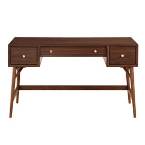 Pemberly Row Wood Writing Desk with 3 Drawers and Nickel Hardware in Brown