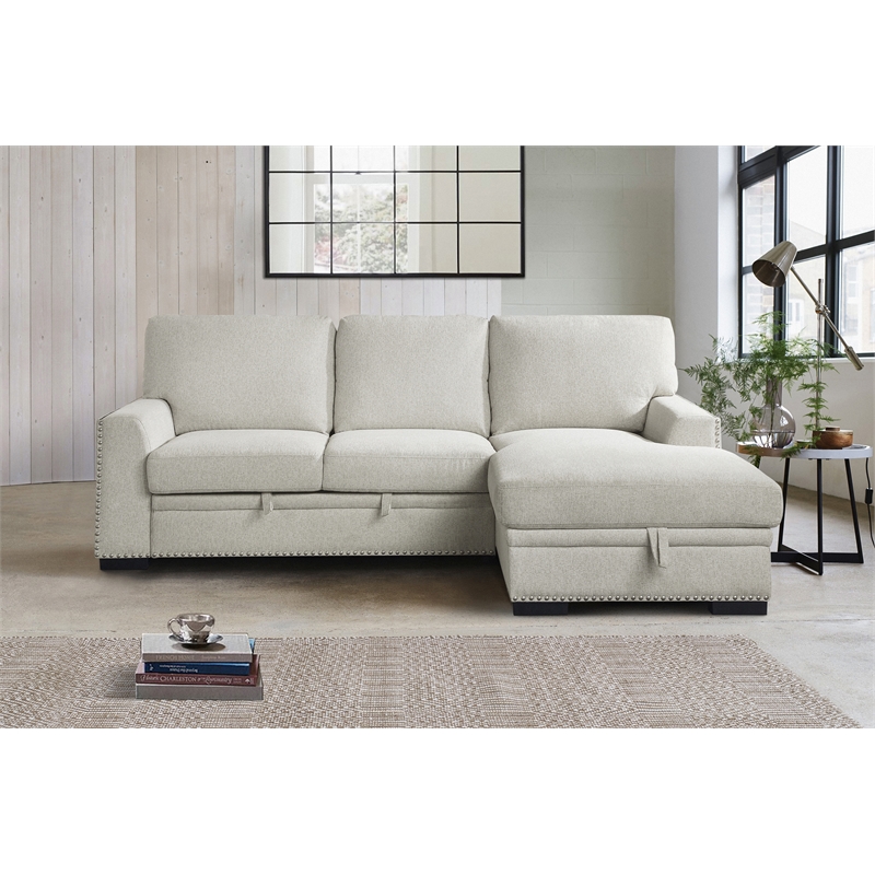 Pemberly Row 2-Piece Fabric Sectional with Pull-Out Bed and Chaise in Beige