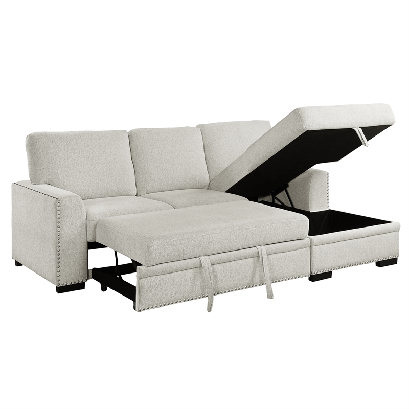 Pemberly Row 2-Piece Fabric Sectional with Pull-Out Bed and Chaise in Beige
