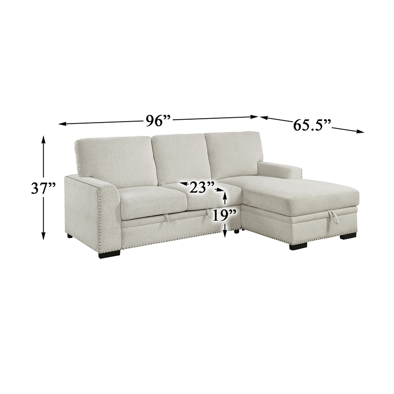 Pemberly Row 2-Piece Fabric Sectional with Pull-Out Bed and Chaise in Beige