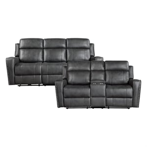 Pemberly Row Microfiber Power Reclining Sofa and Loveseat Set in Smoky Gray