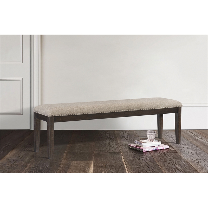 Pemberly Row Wood Dining Bench with Nailhead Trim in Wire Brushed Brown