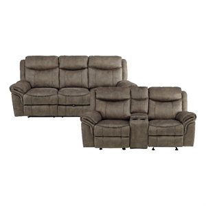 Pemberly Row Microfiber 2-Piece Manual Reclining Sofa Set with Console in Brown