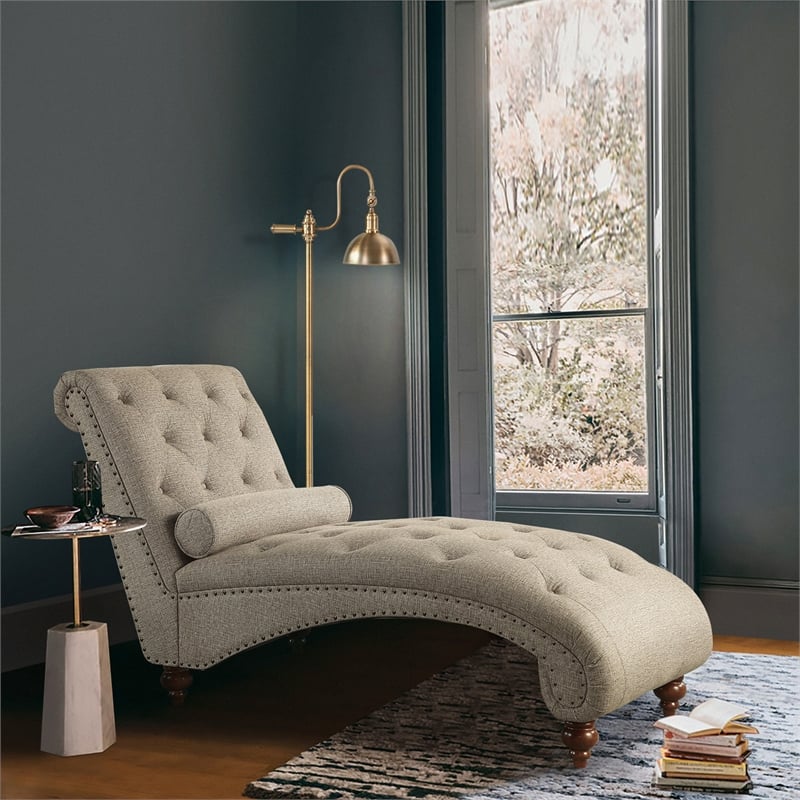 Pemberly Row Traditional Wood and Fabric Chaise with Bolster Pillow in Brown