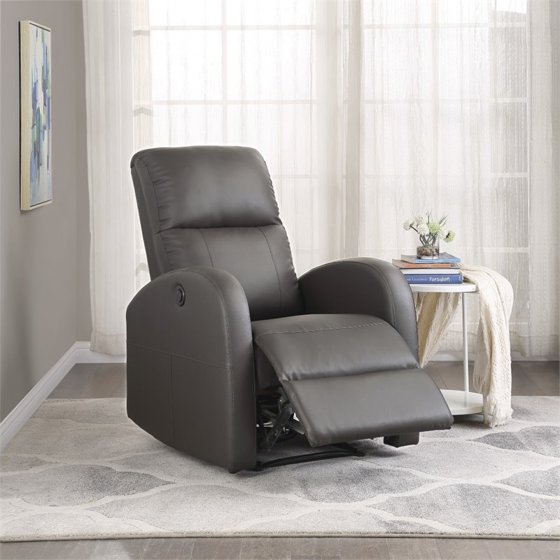 Pemberly Row Faux Leather Power Recliner with Metal Reinforced Seat in Brown