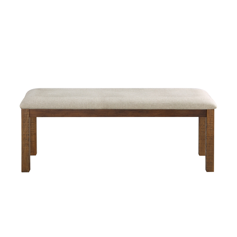 Pemberly Row Pine Wood Dining Bench with Fabric Seat in Brown Finish